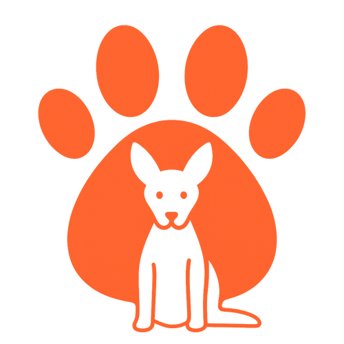 Logo naranja huella detras de silueta de perro